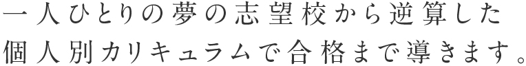 一人ひとりの夢の志望校から逆算した個人別カリキュラムで合格まで導きます。