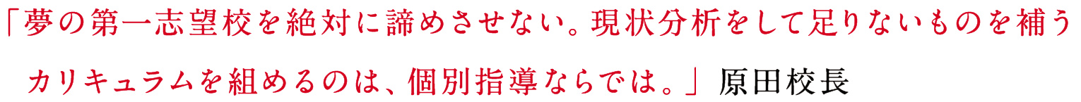 「夢の第一志望校を絶対に諦めさせない。現状分析をして足りないものを補うカリキュラムを組めるのは、個別指導ならでは​。」